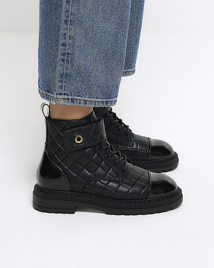 Black quilted lace up boots River Island