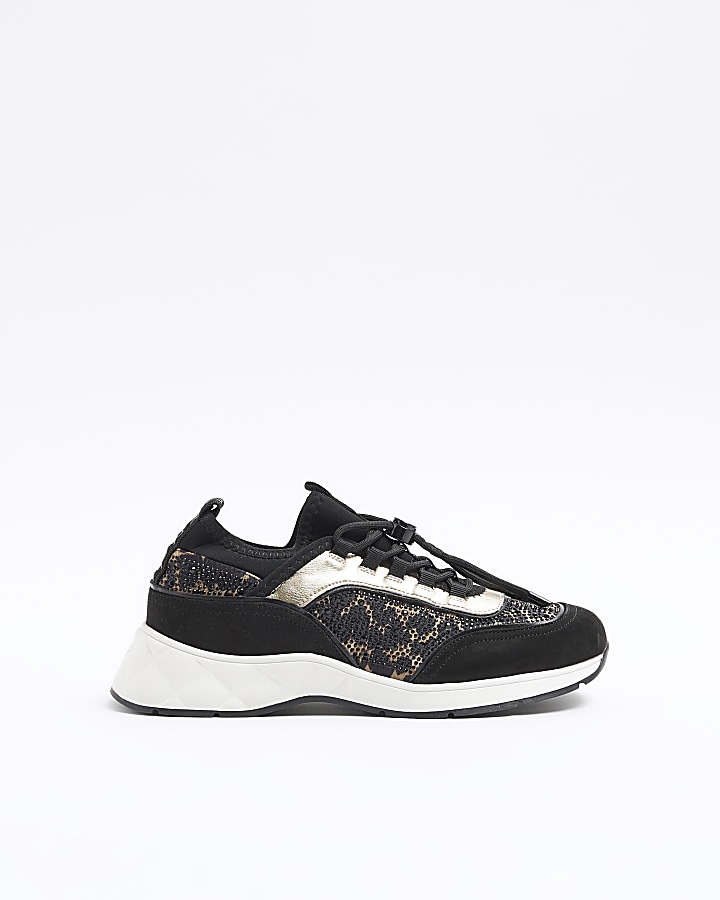 Black leopard print diamante trainers River Island