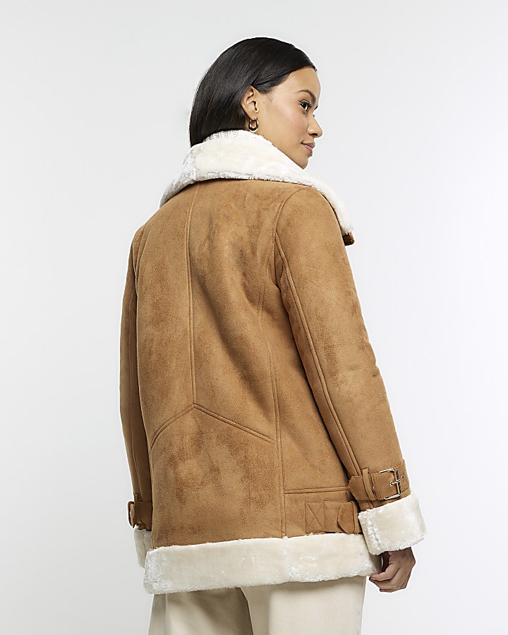 Brown faux fur aviator jacket