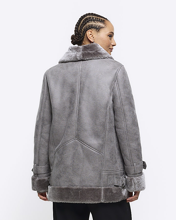 Grey faux leather aviator jacket