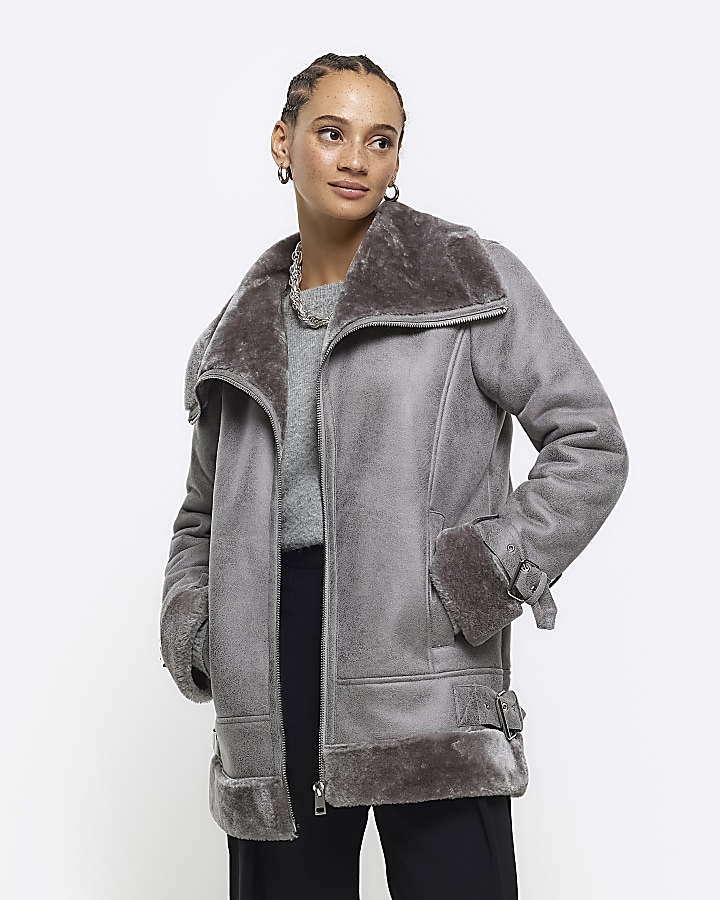 Grey faux leather aviator jacket