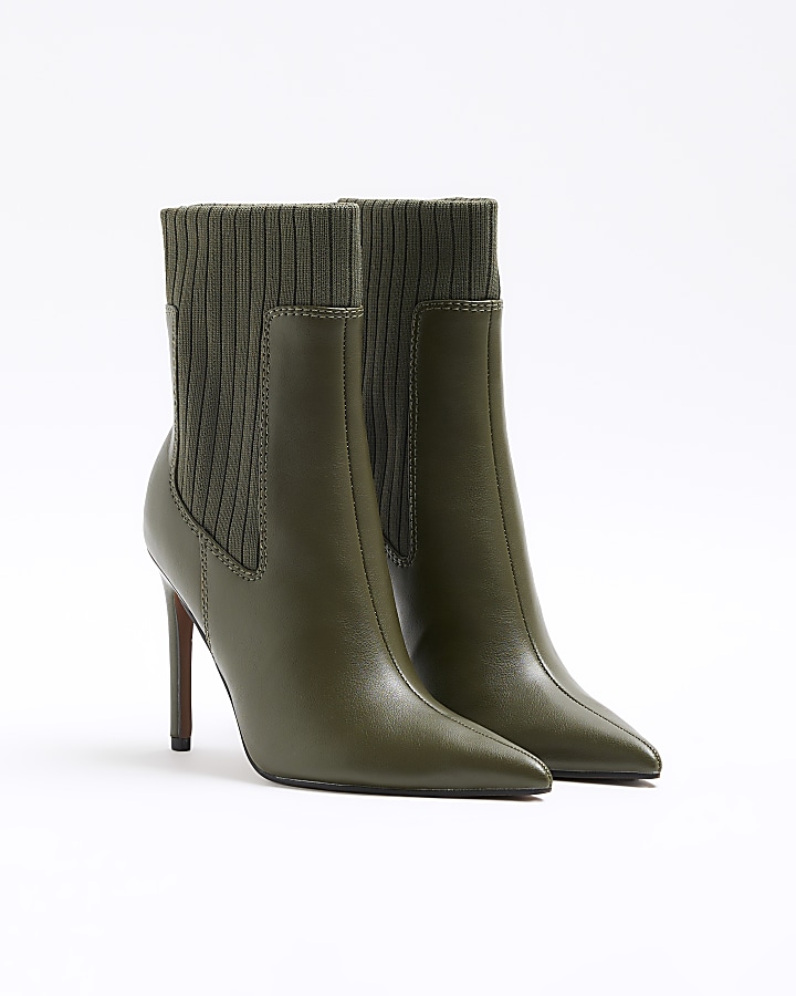 Green knit detail heeled ankle boots