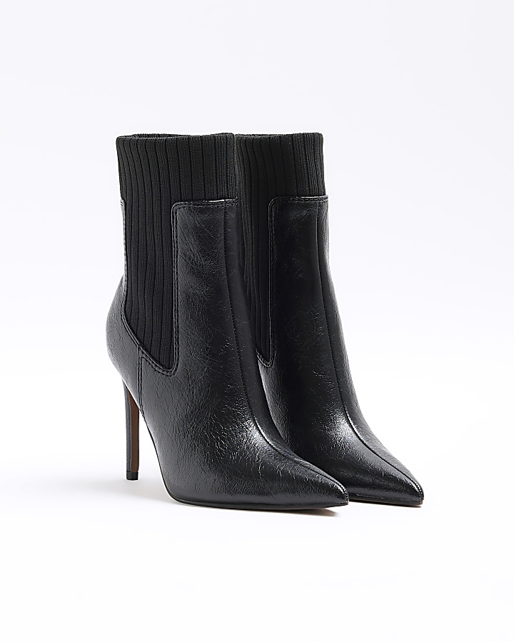 Black knit detail heeled ankle boots