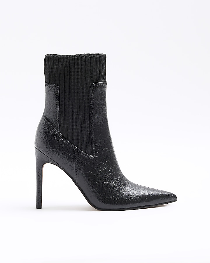 Black knit detail heeled ankle boots