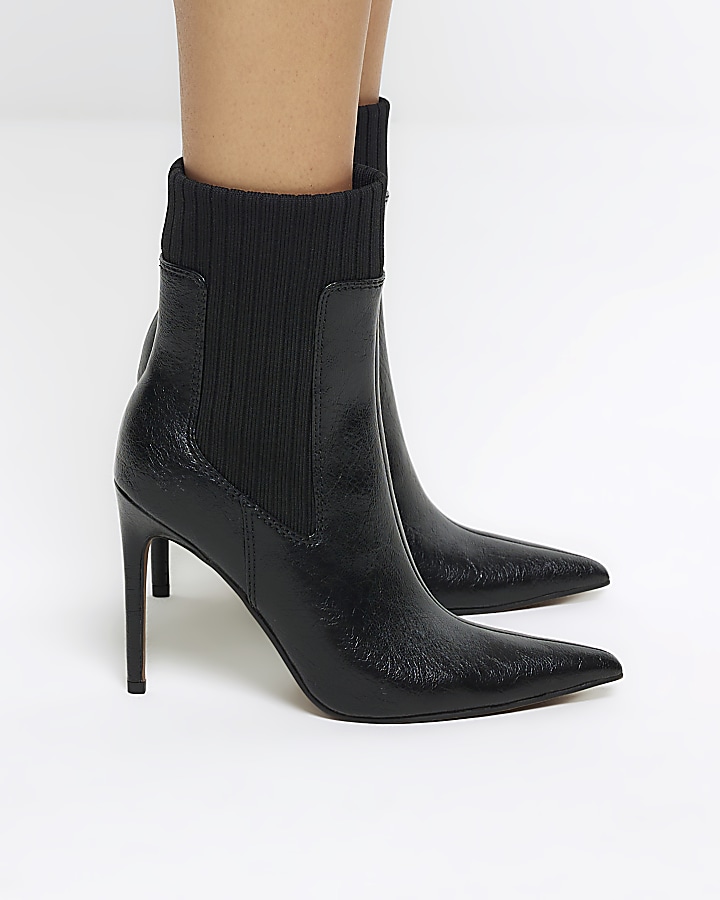 Black knit detail heeled ankle boots