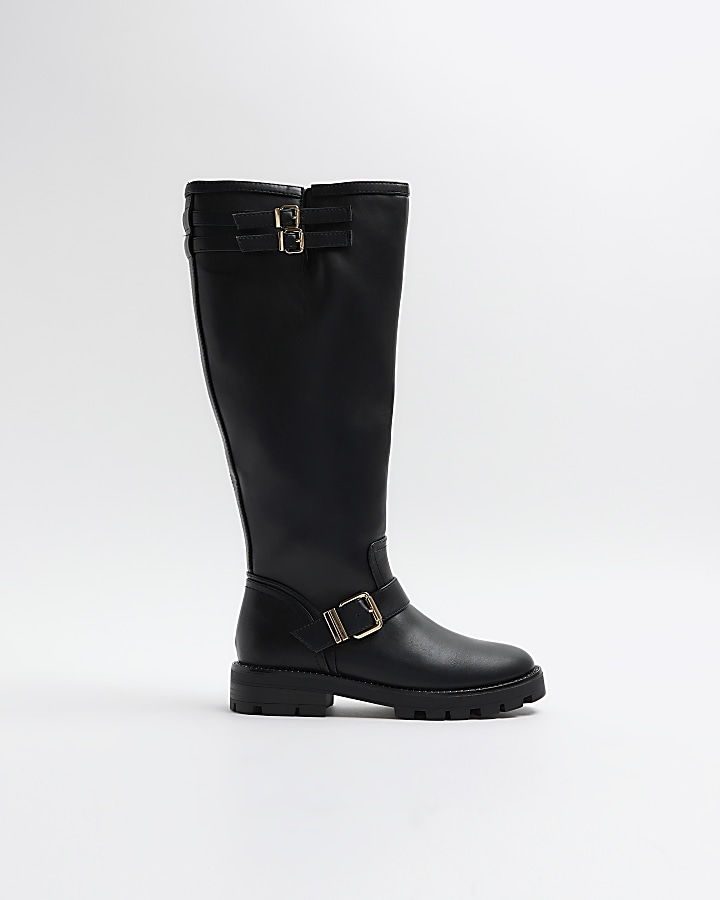 Black high leg biker boots | River Island