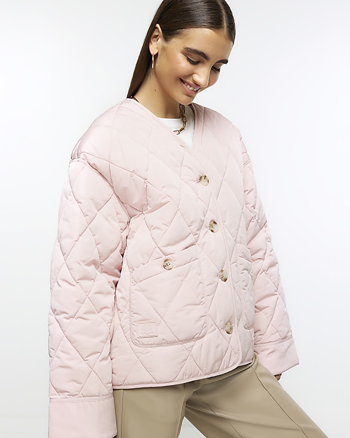 Pink faux fur collar padded jacket