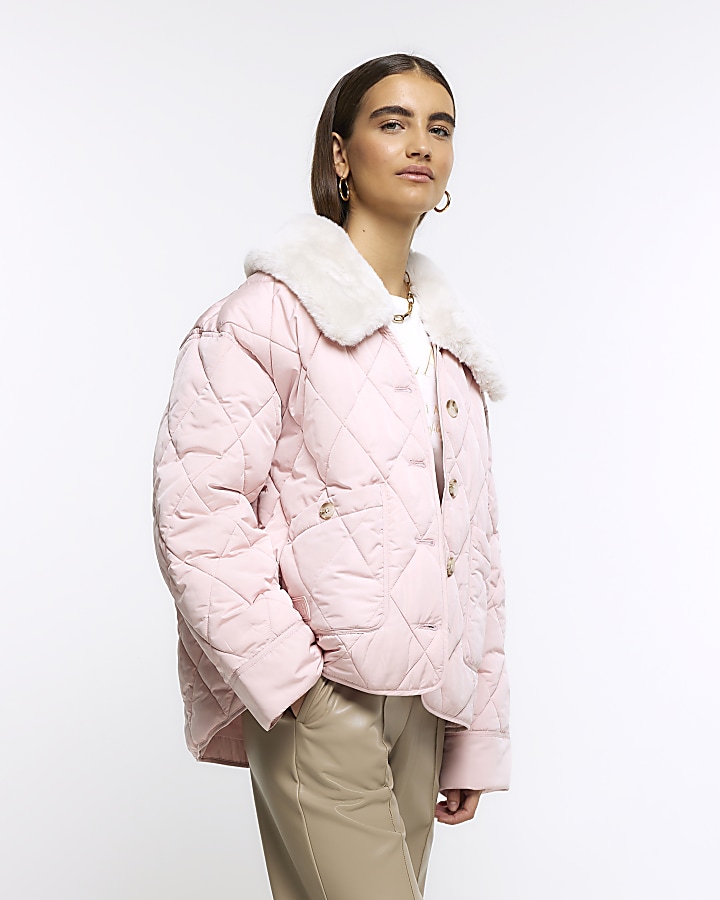Pink faux fur collar padded jacket | River Island