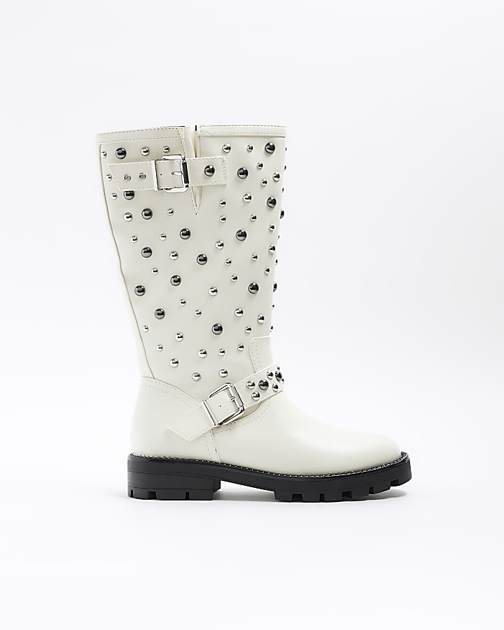 White Studded Biker Boots