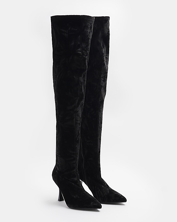 Black heeled over the knee boots | River Island
