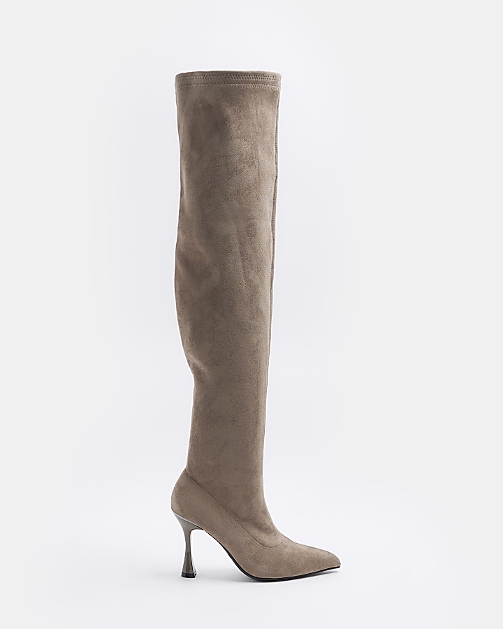 Grey over the knee heeled clearance boots