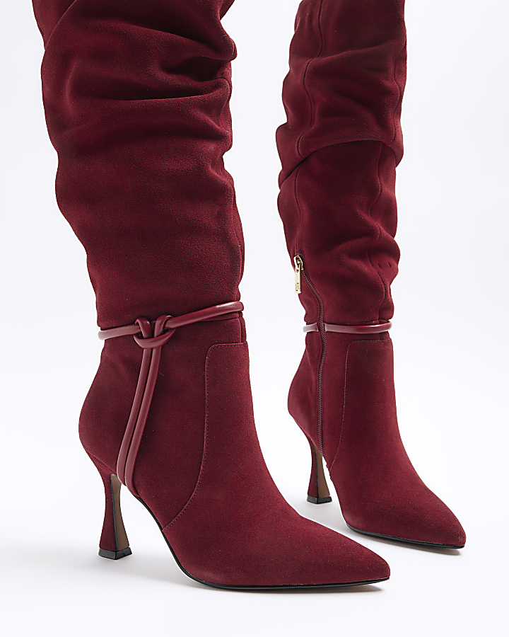 Red suede slouch heeled high leg boots