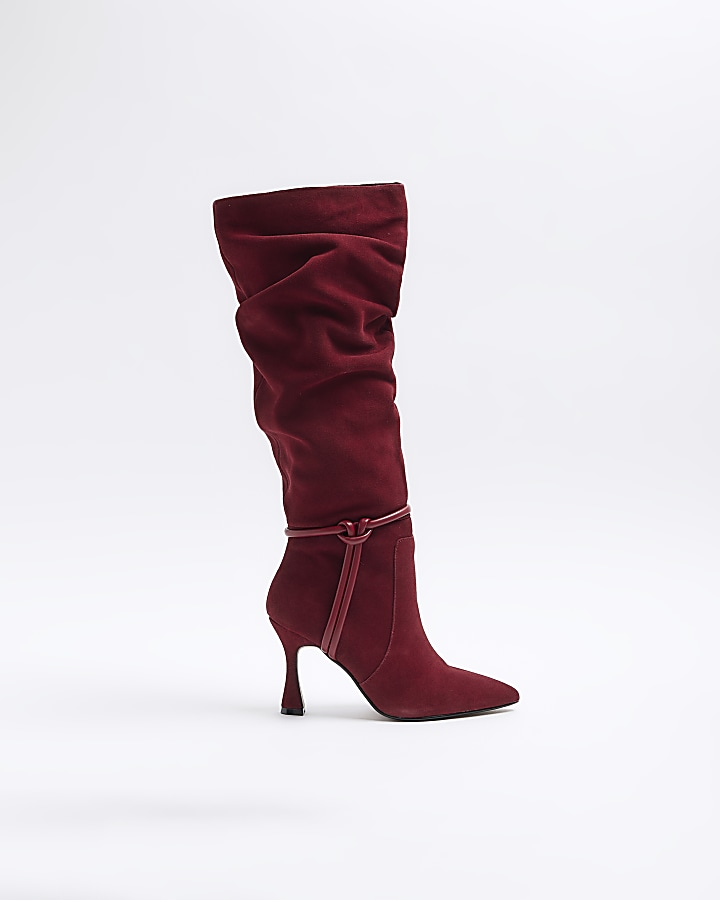 Red suede slouch heeled high leg boots