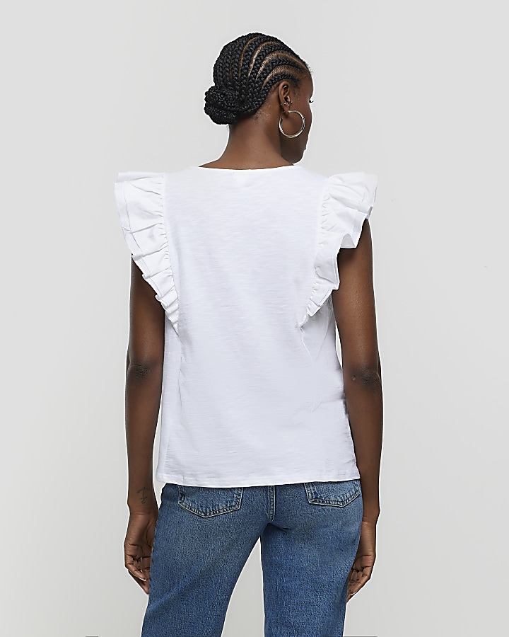 White embroidered frill tank top