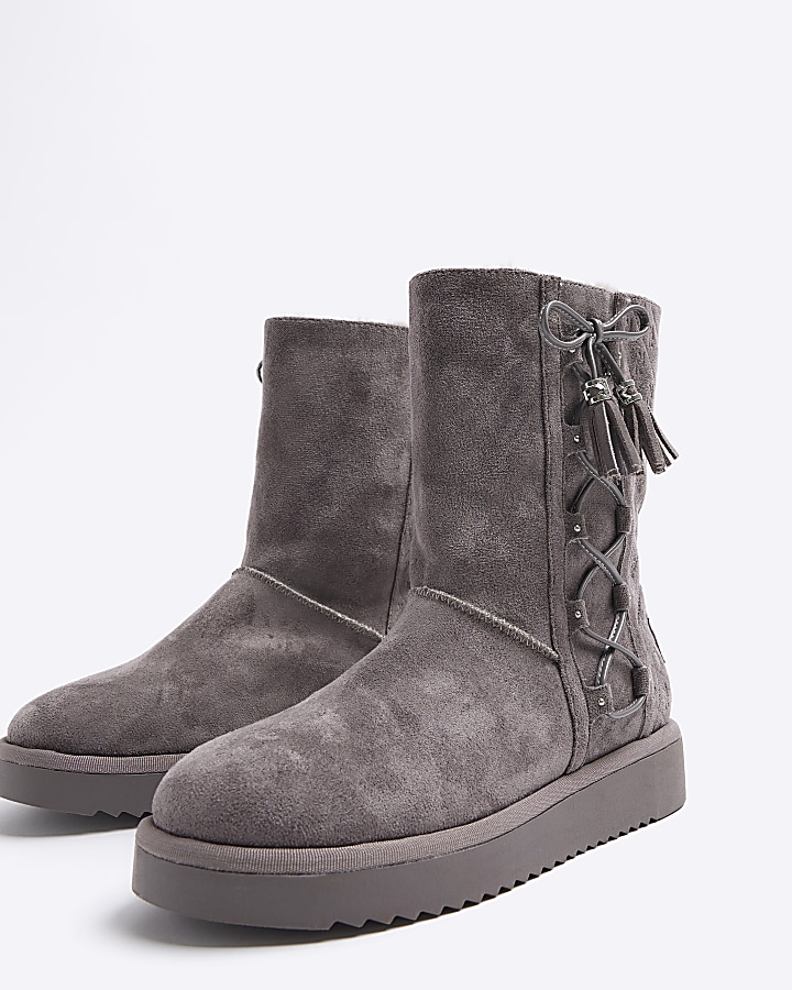 Grey suedette embossed ankle boots