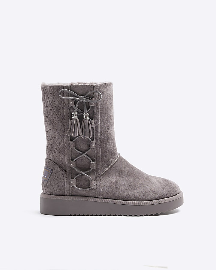 Grey suedette embossed ankle boots