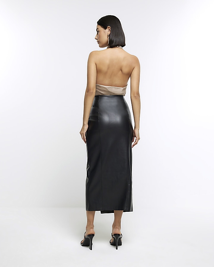 Black faux leather corsage midi skirt