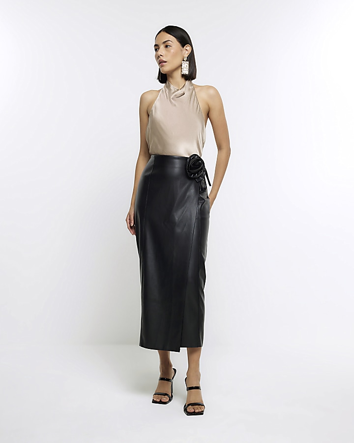 Black faux leather corsage midi skirt
