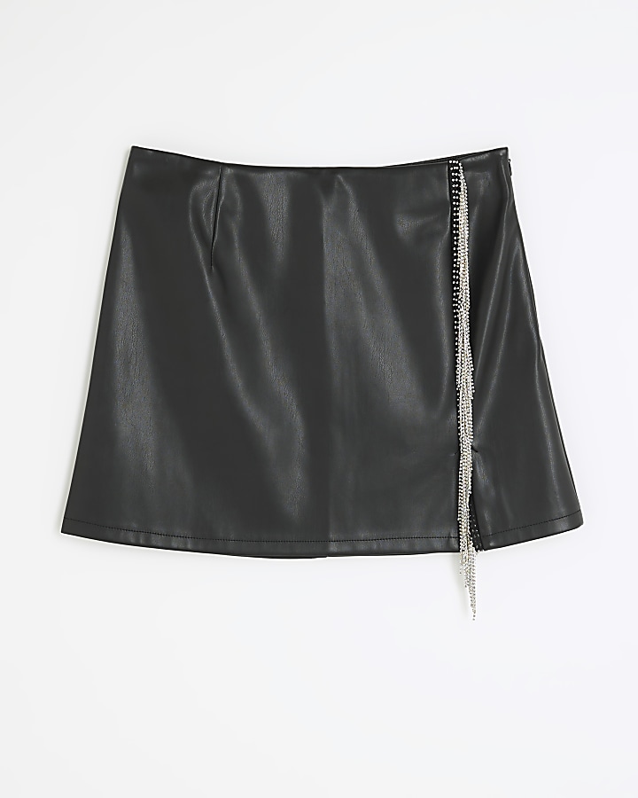 Black diamante faux leather mini skirt | River Island