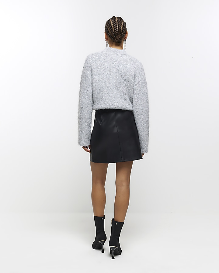 Black diamante faux leather mini skirt