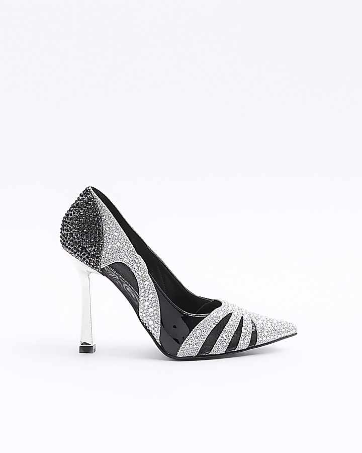 Black diamante heeled court shoes