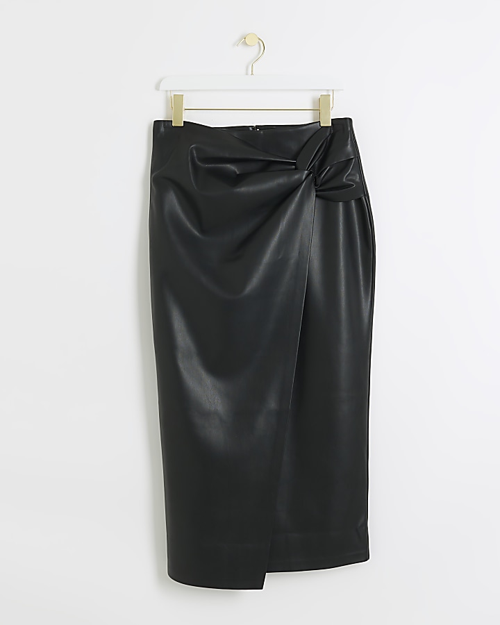Black faux leather knot midi skirt
