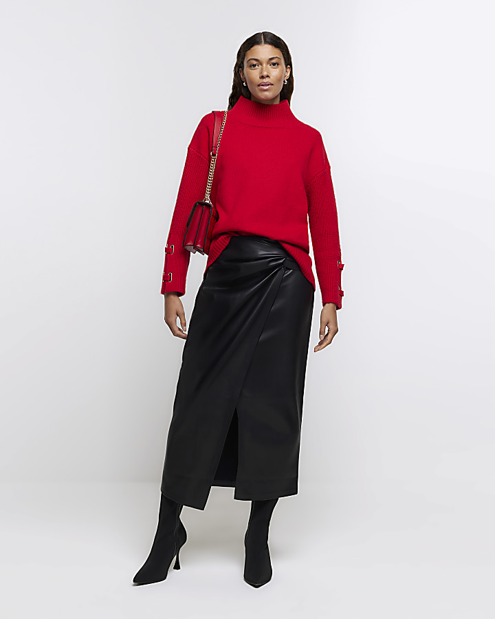 Red faux leather sale midi skirt