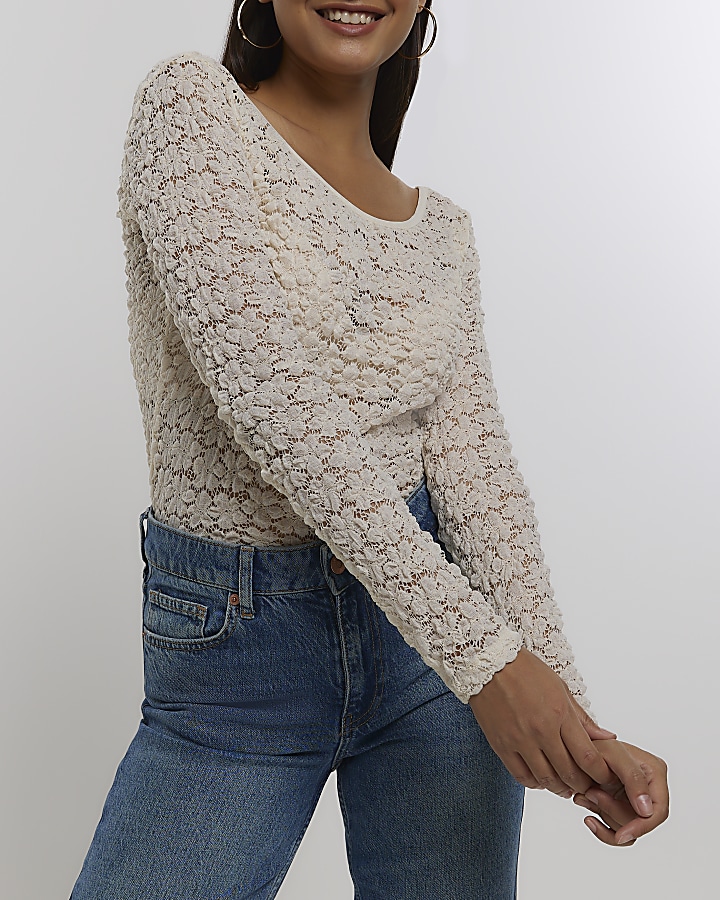 White lace floral long sleeve top