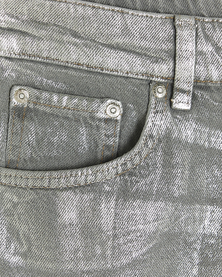 Grey coated denim midi skirt