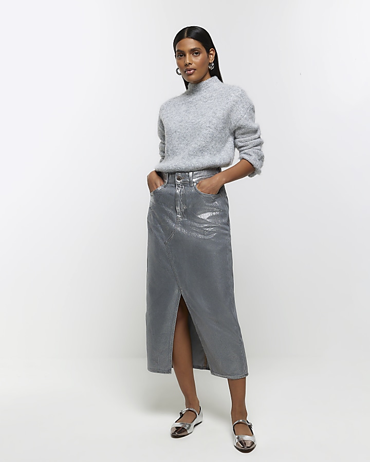 Grey coated denim midi skirt