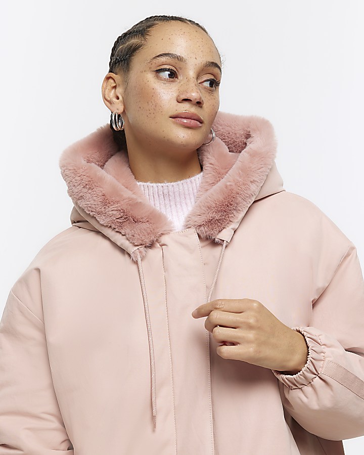 Pink faux fur lining parka coat | River Island
