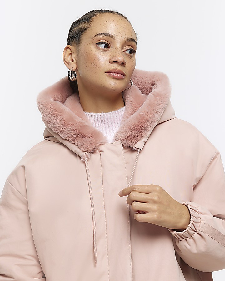 Pink faux fur lining parka coat River Island