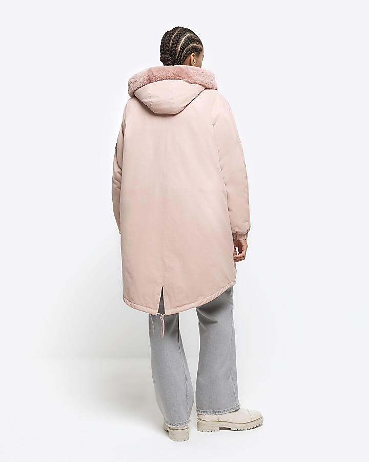 Pink faux fur lining parka coat