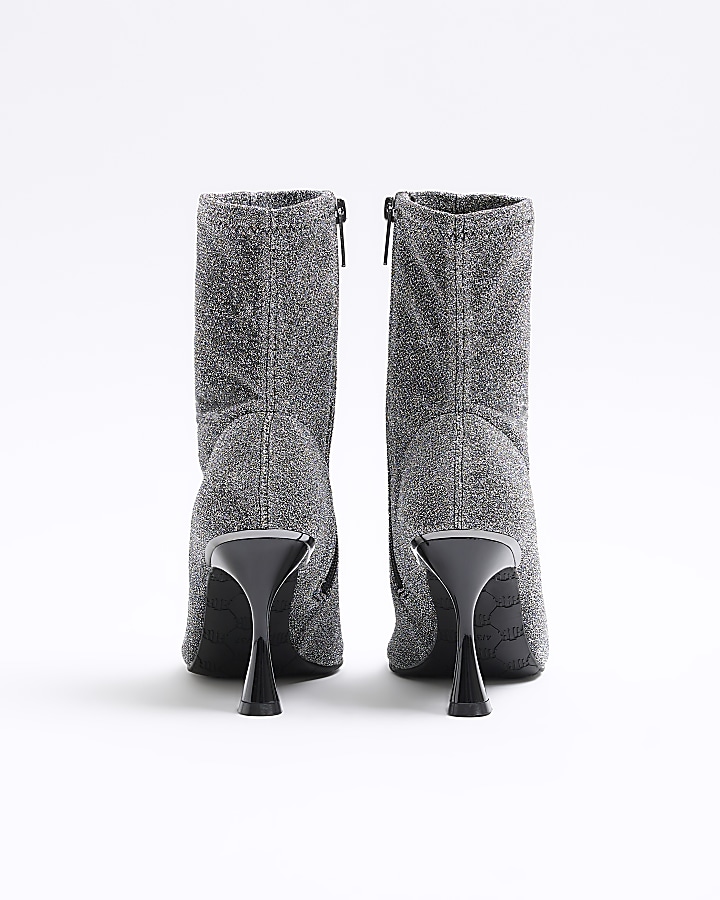 Silver wide fit glitter heeled ankle boots | River Island