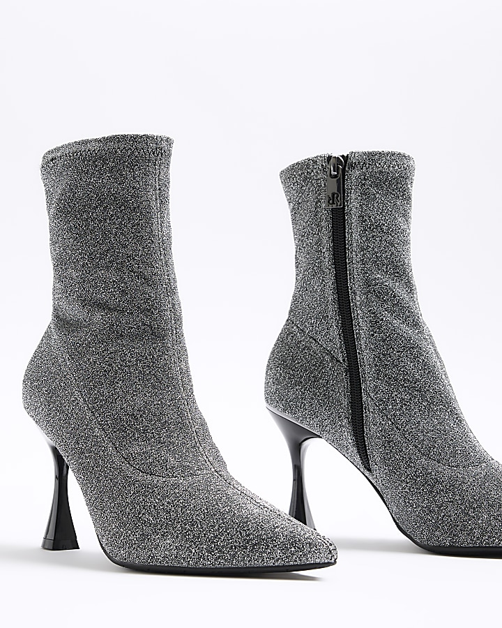 Silver wide fit glitter heeled ankle boots