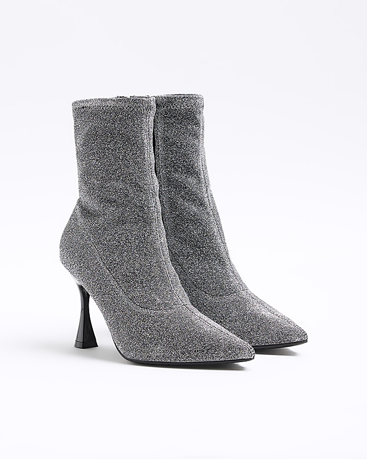 Silver wide fit glitter heeled ankle boots | River Island