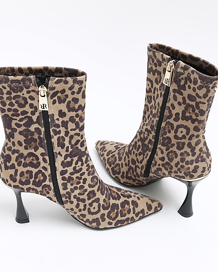 Brown wide fit leopard print heeled boots