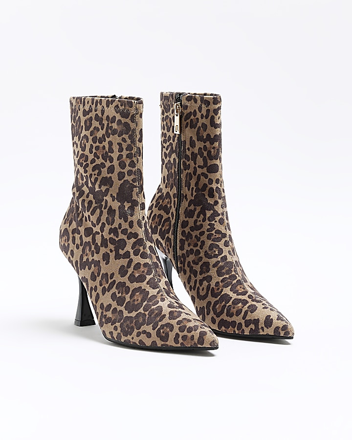 Brown wide fit leopard print heeled boots | River Island