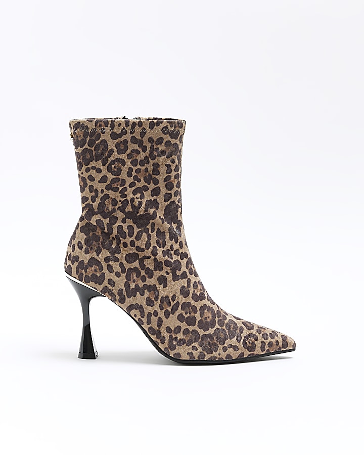 Brown wide fit leopard print heeled boots
