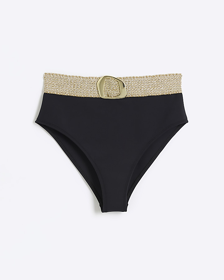 Black high waisted buckle bikini bottoms River Island