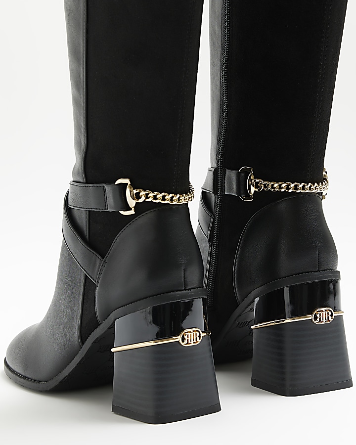 Black wide fit heeled high leg boots