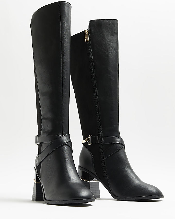 Black wide fit heeled high leg boots