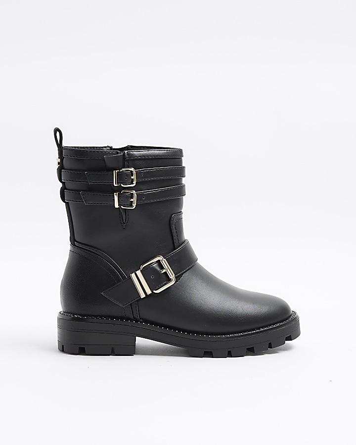 Black wide fit buckle detail biker boots