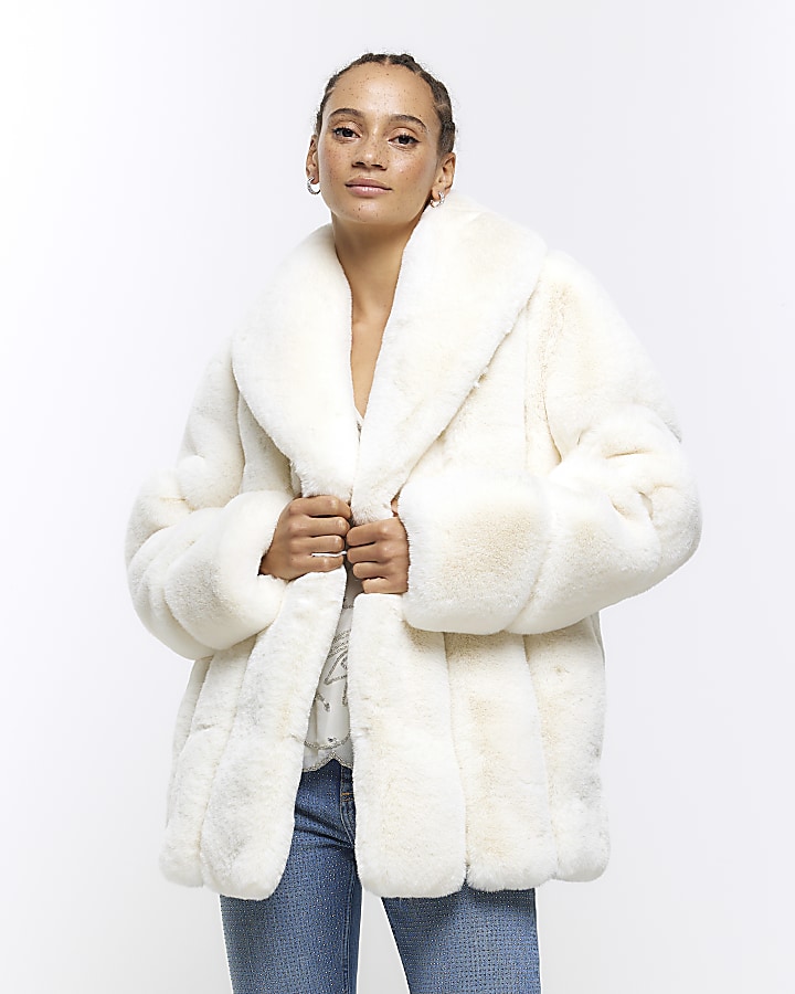 Cream Faux Fur Revere Collar Jacket