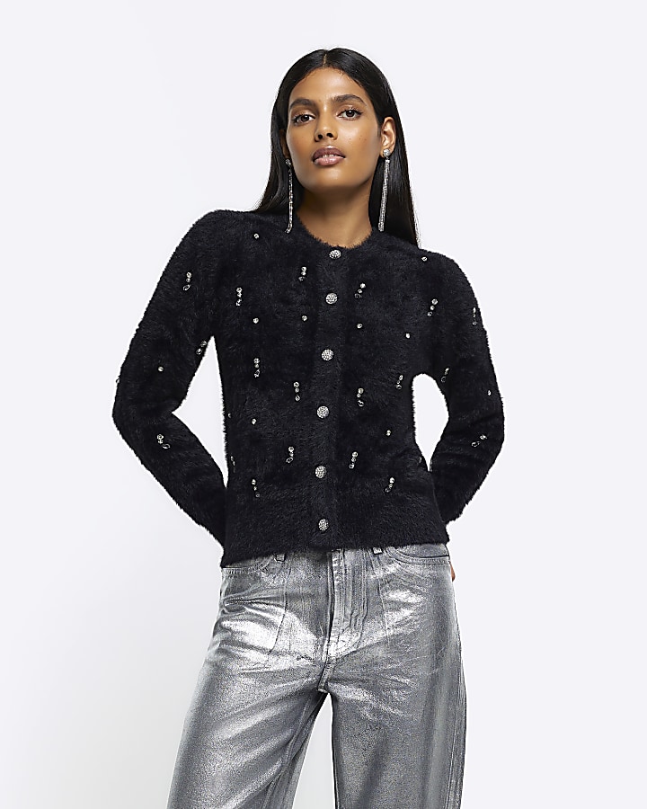 Black embellished fluffy cardigan River Island