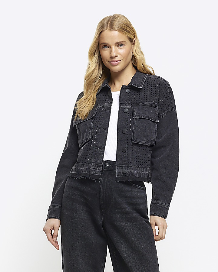 Black diamante crop denim jacket