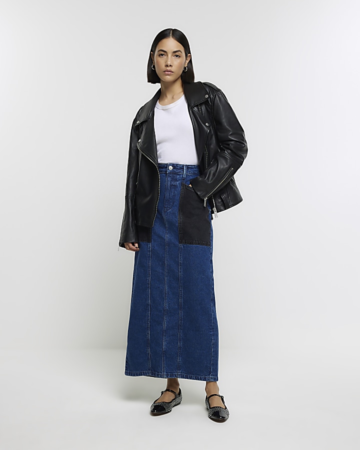 Blue patchwork denim maxi skirt