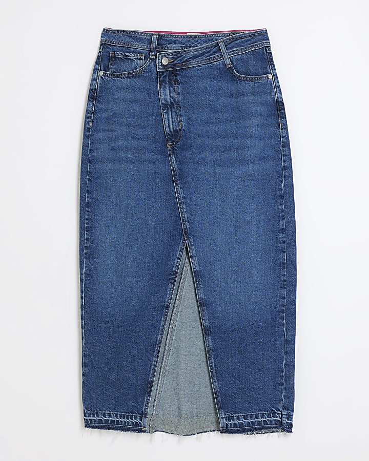 Blue asymmetric waist denim maxi skirt