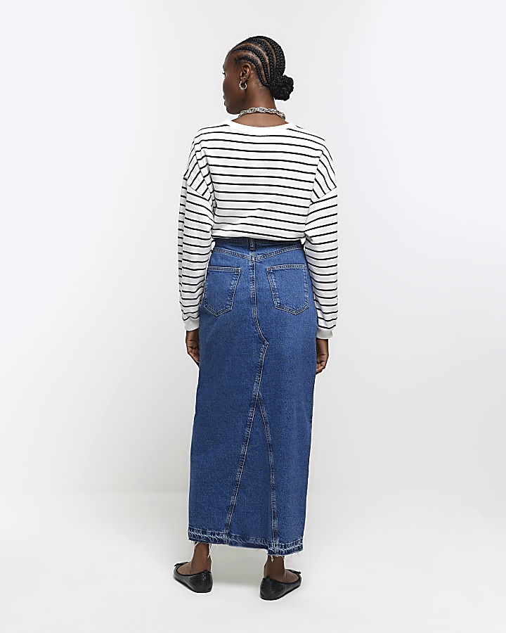 Blue asymmetric waist denim maxi skirt