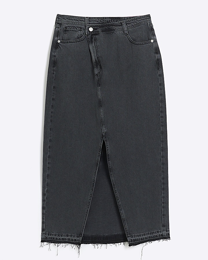 Grey asymmetric waist denim maxi skirt